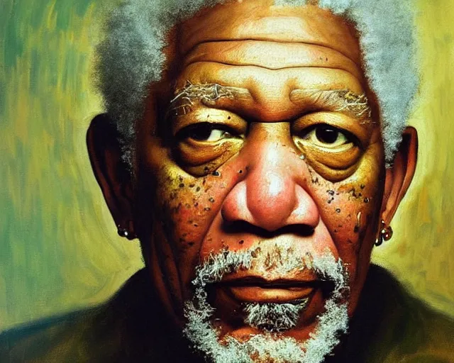 Image similar to painterly portrait, morgan freeman, impasto, fantasy, chuck close:7, carl spitzweg:7, cinematic light, full face, symmetrical face