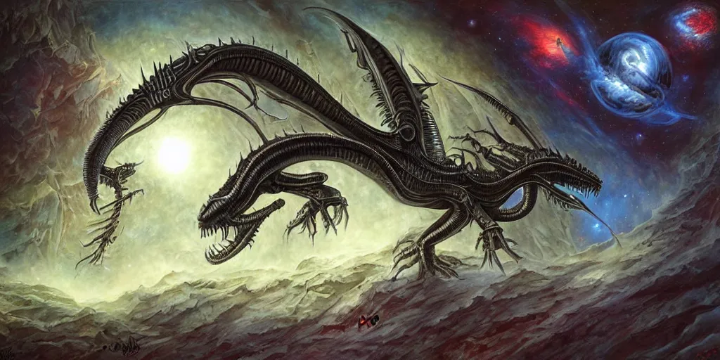 Image similar to alien space dragon by dan seagrave art