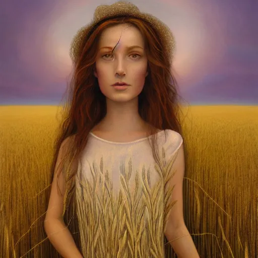 Image similar to close-up shot, a beautiful painting of a girl in a airy semi-transparent thin light dress standing in the glowing wheat fields, mystical setting, afternoon sun, long shadows, photo from the back, by Mark Ryden, Felix Kelly, trending on artstation