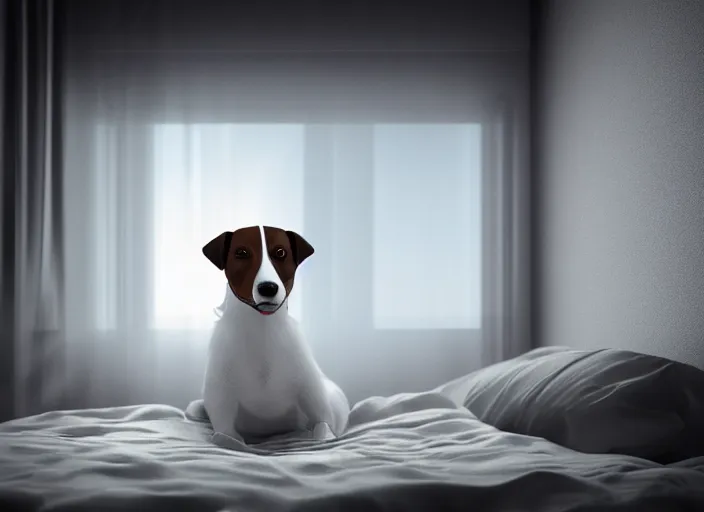 Image similar to photography of a Jack Russel . watching outside the window. on a bed .in a 3d rendered white room. octane render, 3d, foggy, volumetric light, volumetric fog, photorealistic, unreal engine 5, award winning photo, 100mm, sharp, cloth, high res