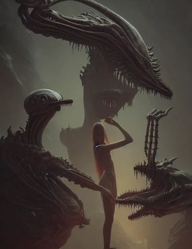 Image similar to ultra realist muted colors horror painting of a dimly lit attractive alien female next to a hellish creature, very intricate details, focus, model pose, full frame image, artwork by tooth wu and wlop and beeple and greg rutkowski, award winning