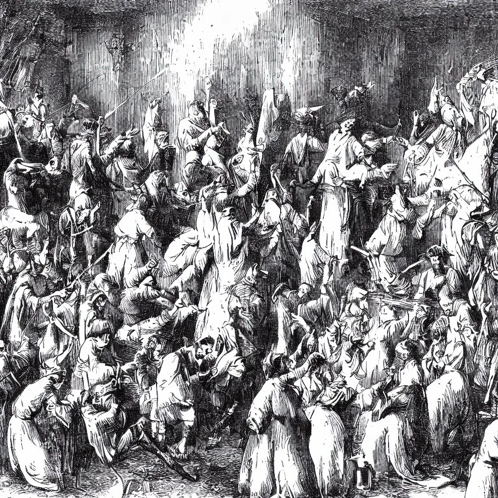 Prompt: black and white book illustration from 1 8 9 5 on yellowing paper. the illustration depicts medieval musicians worshipping a deer