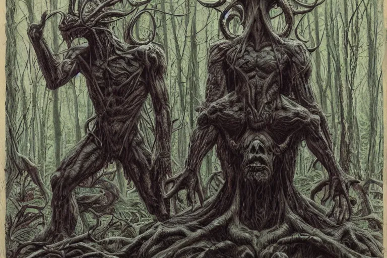Image similar to multi headed demon in a forest in the style of wayne barlowe