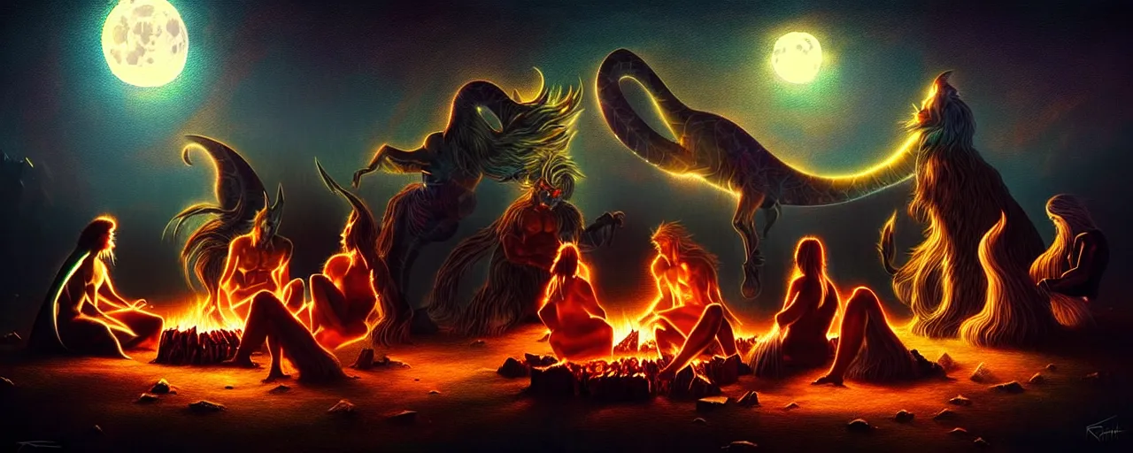 Image similar to uncanny!!! bifrost!!! mythical beasts of sitting around a fire under a full moon at bifrost, surreal dark uncanny painting by ronny khalil