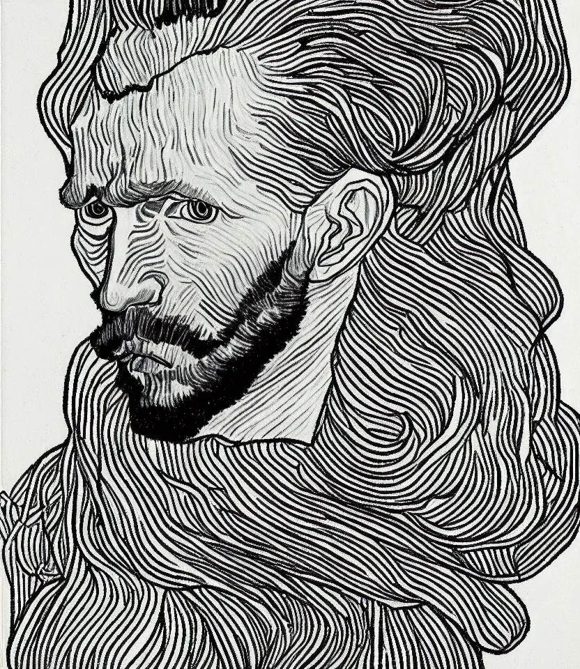 Prompt: elegant minimalist line art portrait of vincent van gogh. inspired by egon schiele. contour lines, graphic musicality, twirls, curls and curves, strong confident personality, staring at the viewer