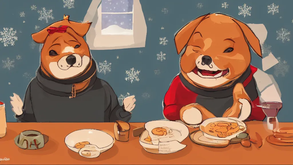 Image similar to cute fat anthropomorphic dog boy eating ramen in a red turtleneck sweater in a cottage on a cold winter day, detailed, 4K, trending on pixiv