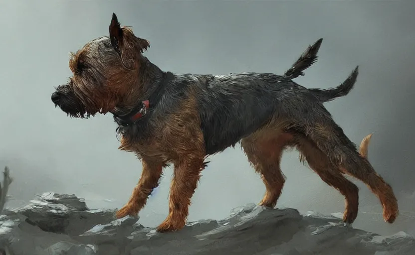 Prompt: A painting of a Border Terrier trending on artstation in the style of Greg Rutkowski