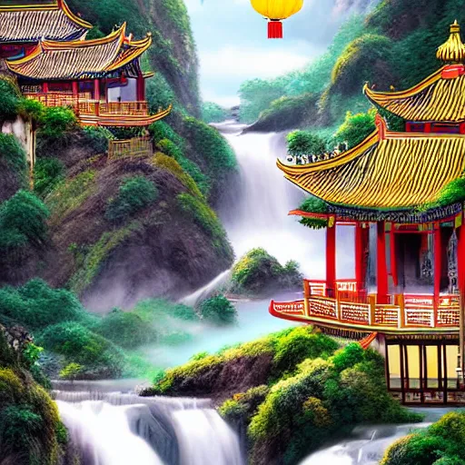 Prompt: dreamy chinese town, high waterfalls, paradise, digital art, illustration, ortographic