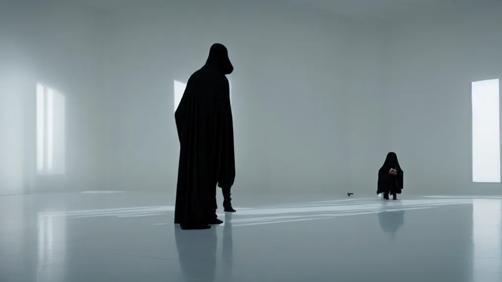 Image similar to grim reaper in a white empty room, film still from the movie directed by Denis Villeneuve with art direction by Salvador Dalí, wide lens