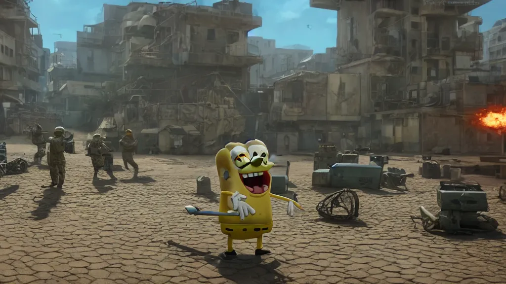 Prompt: spongebob squarepants as a navy seal, in a gun fight in an unknown third world city, wide shot, created in unreal engine 5, 3 d, hyperrealistic, rendered in octane, by yuumei, bayard wu, wlop, tim white, ross tran, 4 k