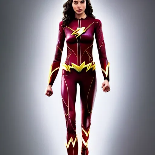 Prompt: an potrait of gal Gadot cast of movie the flash and wearing a flash suit, photorealistic high detail, full body shot.