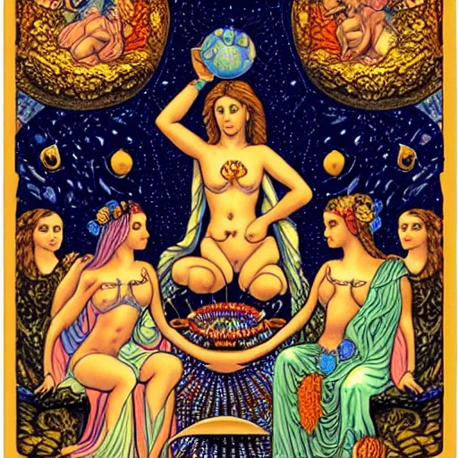 Prompt: by emek golan casual. the computer art shows venus seated on a crescent moon. she is surrounded by the goddesses ceres & bacchus, who are both holding cornucopias.