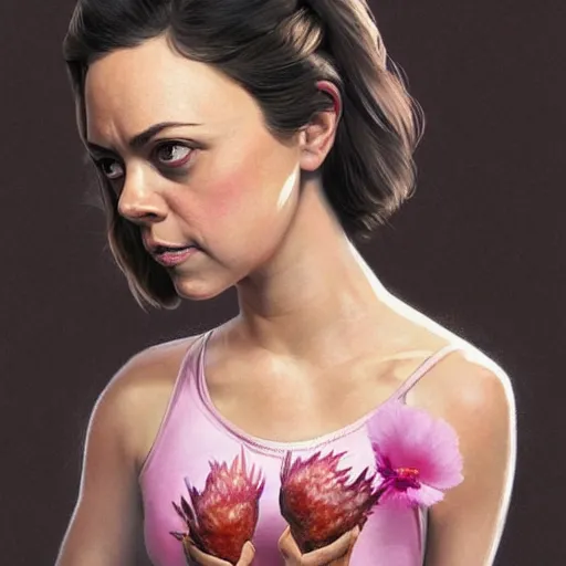 Image similar to pink petals with a a wonderful aubrey plaza and christina ricci serving chicken wings in hooters shirt, intricate, elegant, highly detailed, wonderful eyes, sweet, digital painting, artstation, concept art, smooth, sharp focus, illustration, art by artgerm and greg rutkowski and concept art