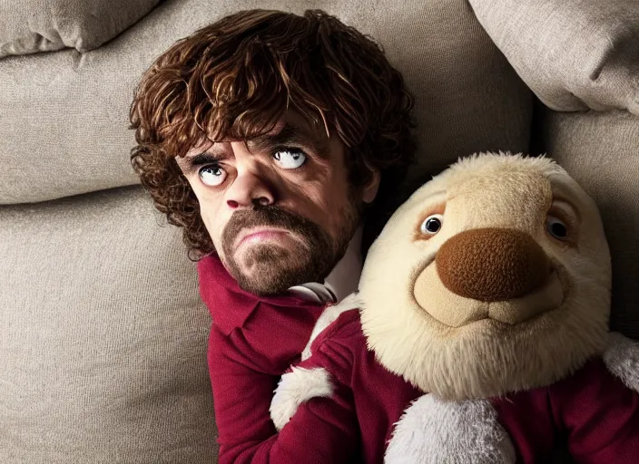 Image similar to peter dinklage hiding in stuffed animals at night, movie still, from the new toys r us movie, 8 k, realistic