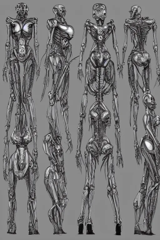 Prompt: quintessa transfomers with gunmetal grey skin, medical anatomy, very symmetrical face, highly detailed, mecha, three - perspective / three - view reference sheet ( front / back / side ), in the style of dan ouellette, hr giger, sil from species, dren from splice, biomechanical, artstation, unreal engine