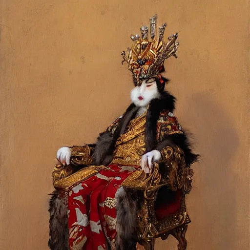 Image similar to portrait of the emperor of japan dressed as a chicken, sitting on his throne at his palace, highly detailed painting by gaston bussiere, craig mullins, j. c. leyendecker 8 k