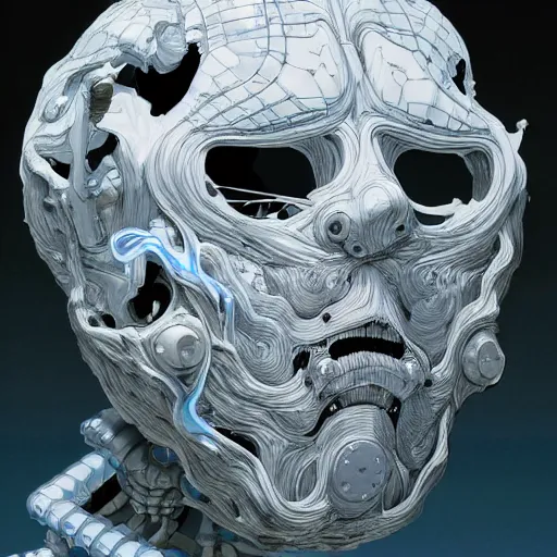 Image similar to man with scifi mask as a god, actuators, carbon fiber, white plastic, bones and wires, soft light painted by james jean and katsuhiro otomo and erik jones, inspired by akira anime, smooth face feature, intricate oil painting, high detail illustration, sharp high detail, manga and anime 1 9 9 9