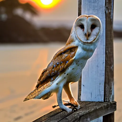 Prompt: barn owl standing in a chair at the beach, canon photo, very detailed, winning award photo, golden hour