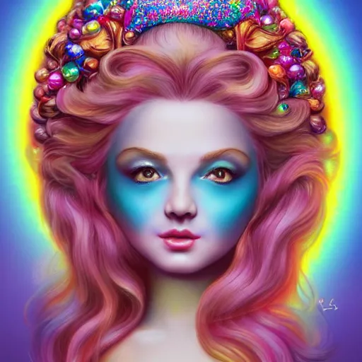 Prompt: a portrait the divine goddess of feminism, rosey cheeks, sparkles on eyelids, long rainbow hair highly detailed, ultra realistic digital painting, rococo, artstation, concept art, pop, smooth, sharp focus, illustration, art by mark ryden and lisa frank 3 d 8 k ultra detailed