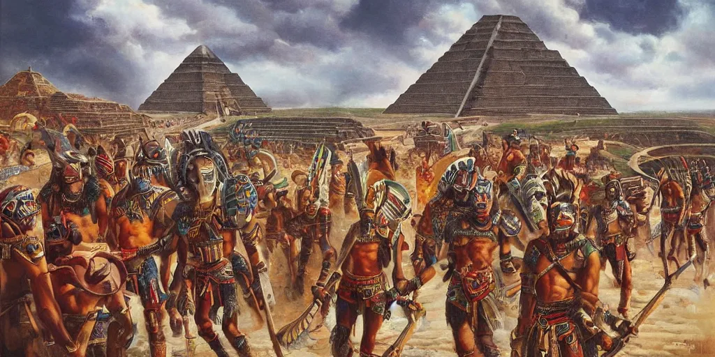 Prompt: simonetti rutkowski epic painting aztec warriors watching spaceship starship arriving to mesoamerican pyramid