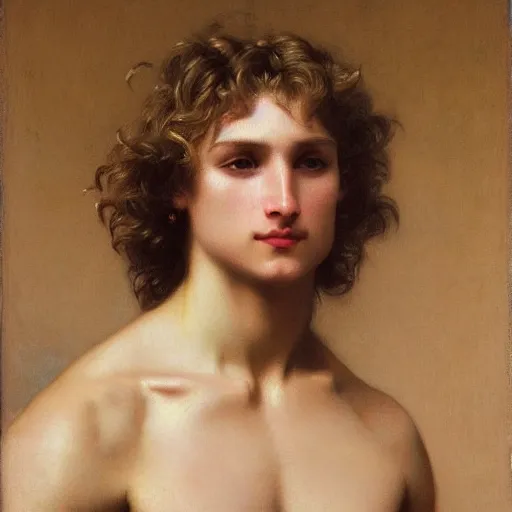 Prompt: PORTRAIT Painting of a blond male Venus Apollo. LONG CURLY blond hair. Sharp angular face high cheekbones hooked nose. Art by william adolphe bouguereau. During golden hour. Extremely detailed. Beautiful. 4K. Award winning.