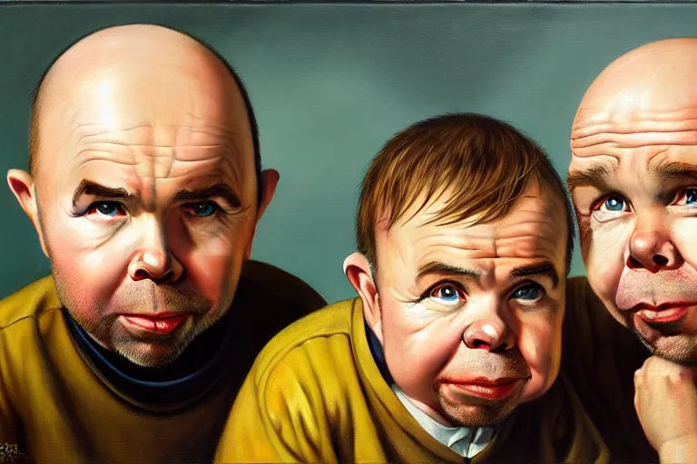 Image similar to oil portrait of karl pilkington and warwick davis. oil painting, highly detailed, centered, artstation, concept art, smooth, sharp focus, illustration, artgerm, vermeer, hans peter mohrbacher, donato giancola, joseph christian leyendecker, drew struzan