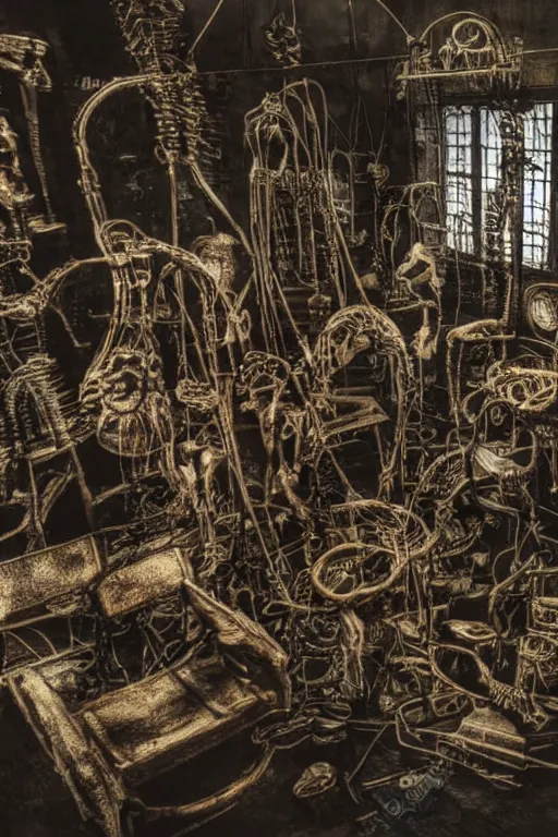 Image similar to inside a museum, a room where body parts are piece of arts at night biomechanical, filth and grim, wires and strings, very detailed, ultra realistic photography, grainy image