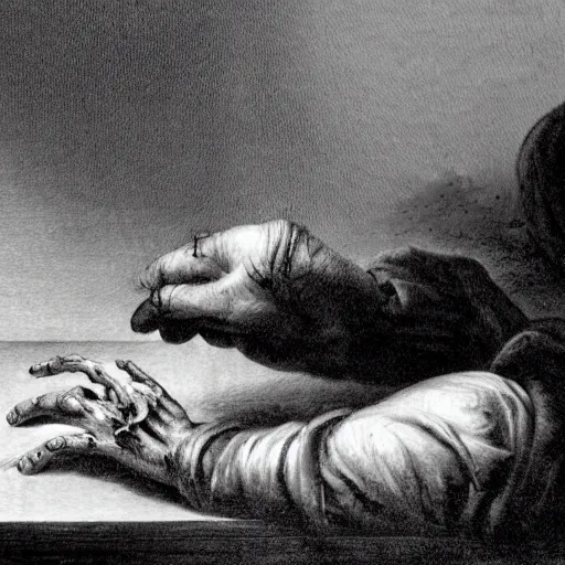 Prompt: the withered hand, a rotting severed hand | black and white detailed art-piece | classical art |