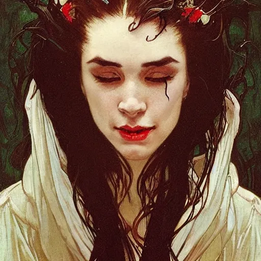 Prompt: portrait of a menacing beautiful vampire, face only, eyes half closed, crying lots and lots of tears, tears running down face, by Stanley Artgerm Lau , greg rutkowski, thomas kindkade, alphonse mucha, loish, norman rockwell, J. C. Leyendecker. hair waving in the wind, pale skin, sinister complexion, thorn crown, imagine bordered by thorns. D&D, fantasy. Trending on artstation rule of thirds extremely detailed illustration hd 4k