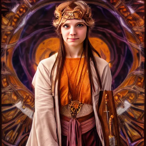 Image similar to portrait of a human mage ,fantasy, D&D, HDR, natural light, medium close shot, dynamic pose, award winning photograph, Mucha style