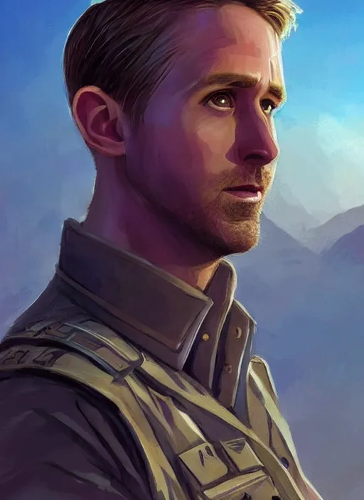 Prompt: purple scene lighting, detailed character portrait!!! concept art, ryan gosling as a soldier with beard, short hair, in a soldier uniform, desert with city in the background, sharp focus, illustration, highly detailed, digital painting, concept art, matte, art by wlop and artgerm and greg rutkowski, masterpiece