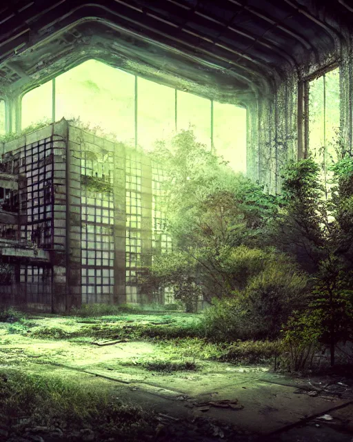 Image similar to a beautiful photorealistic illustration of city unfinished building abandoned establishment by odile decq, darkacademia infrared cyberpunk at dawn anime forest reclaimed by nature lake meadow myst retrowave flowers lightpaint hyperrealism nature thermal imaging, archdaily, wallpaper, highly detailed, trending on artstation.