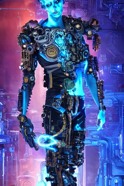 Image similar to full-body cyberpunk style sculpture of a young handsome Spanish prince half android with a chest opening exposing circuitry and a sparking motherboard, glowing blue lasert eyes, crown of mechanical gears and roses, flowing orange-colored silk, fabric, steampunk archways. baroque elements, human skull. full-length view. baroque element. intricate artwork by caravaggio. many many birds birds on background. Trending on artstation, octane render, cinematic lighting from the right, hyper realism, octane render, 8k, depth of field, 3D