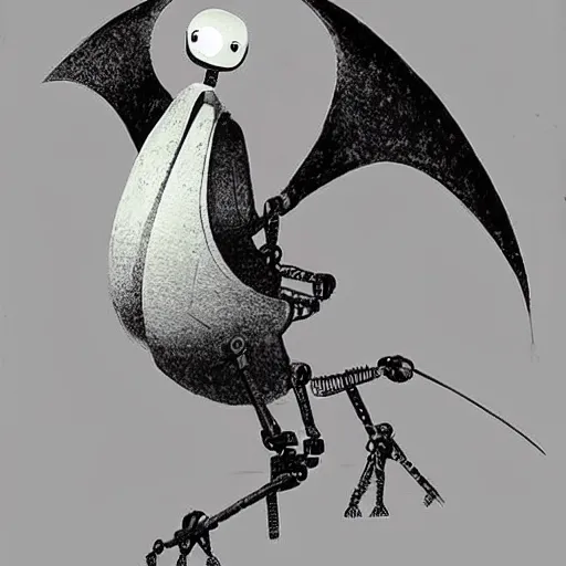 Image similar to a robot bird wishing to be alive, concept art by dave mckean and moebius