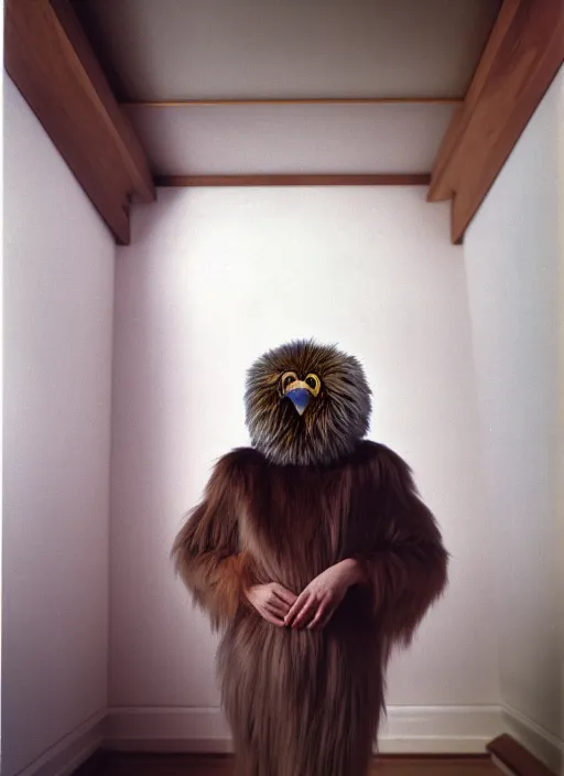 Image similar to realistic photo portrait of the person slowly morphing into a bird, hairy fur fluffy, in the spacious wooden polished and fancy expensive wooden room interior with many cloud sculptures 1 9 9 0, life magazine reportage photo