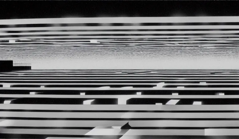 Image similar to A techno palace exterior, extreme long shot, 35mm film, by Ryoji Ikeda, Yohji Yamamoto, Michael Mann