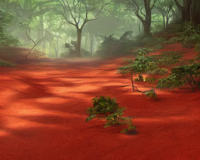 Image similar to deciduous forest in a humid subtropical climate with red clay soil, award winning fantasy concept art