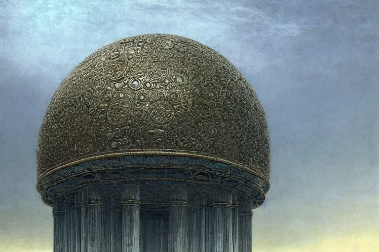 Prompt: intricate, 3 d, metallic dome just above the ocean, style by caspar david friedrich and wayne barlowe and ted nasmith.