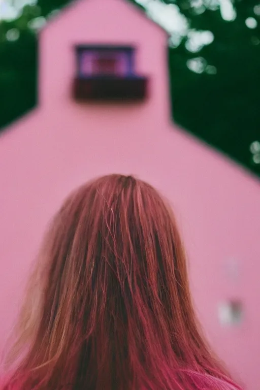 Image similar to photography, close-up of woman from behind looking at weird pink house, daylight, 35mm