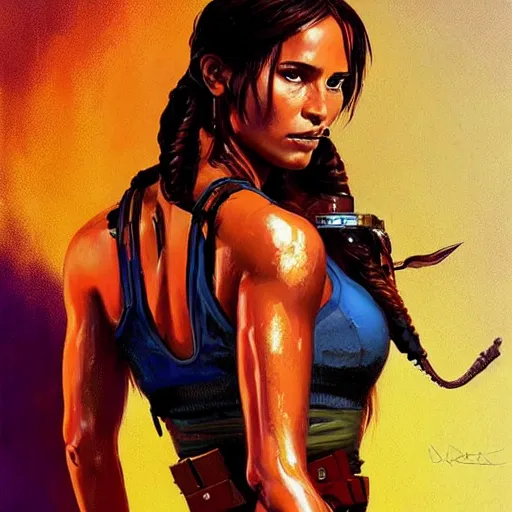 Prompt: Alicia Vikander as Lara Croft (tomb raider, 1996), full body portrait by Karol Bak, Syd Mead and Raphael Lacoste, rich colors, neon digital art