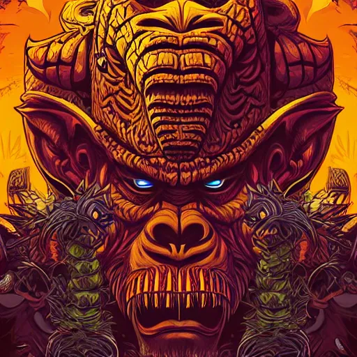 Image similar to barong family member with face, wiwek, mara demon, one single tribe member, jungle, one single mask, dark, ancient warrior, gorilla, lizard, tribal, inner glow, art by dan mumford and justin gerard