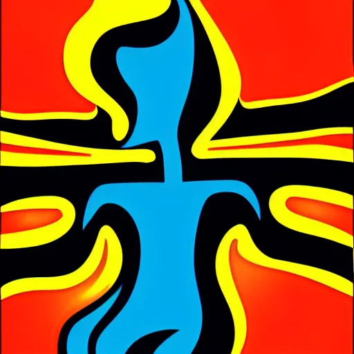 Image similar to cartoon person on fire as logo, burning, flames, symmetrical, washed out color, centered, art deco, 1 9 5 0's futuristic, glowing highlights, peaceful