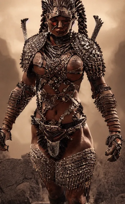 Image similar to fighting tribeswoman, destroyed Aztec jaguar armor,vertical composition, destroyed armor, inspired by monster hunter and westerns, muscular body, clean beautiful symmetrical face, subtle make up, epic,dramatic lighting, cinematic, establishing shot, extremely high detail, photorealistic, leather, cinematic lighting, artstation, octane render, western,old photo, vintage