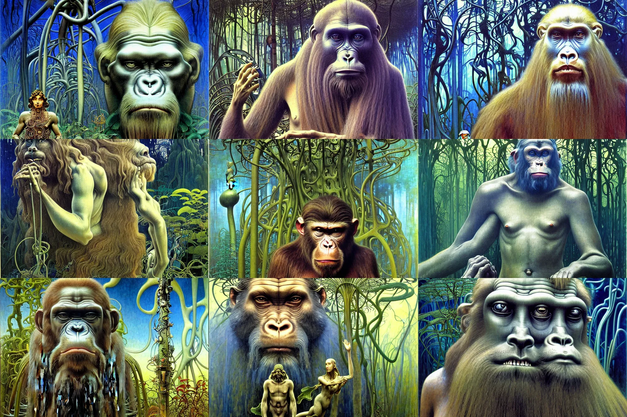 Prompt: realistic extremely detailed portrait painting of a wise ape, futuristic sci-fi forest with a statue on background by Jean Delville, Amano, Yves Tanguy, Alphonse Mucha, Ernst Haeckel, Edward Robert Hughes, Roger Dean, rich moody colours, silver hair and beard, blue eyes
