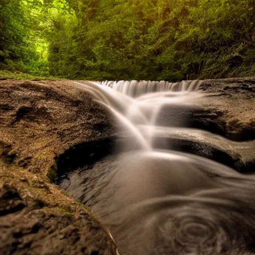 Prompt: beautiful sunrise near the waterfall, lord of the rings inspired