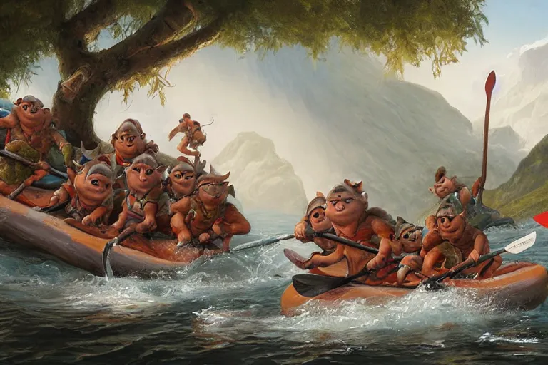 Prompt: a group of goblins paddling on a raft in a norwegian fjord by justin gerard by tyler edlin