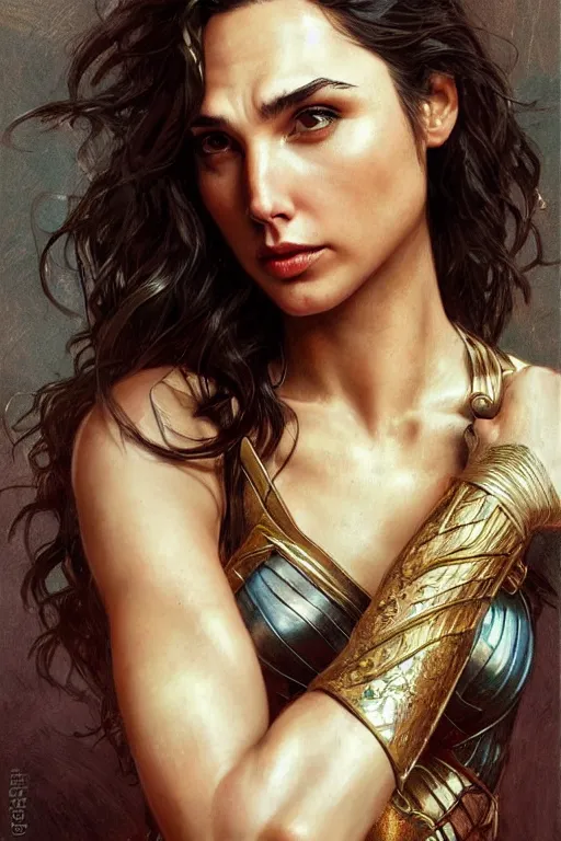 Image similar to Gal Gadot portrait, fantasy, powerful, elegant, intricate, beautiful lighting, by Stanley Artgerm Lau, greg rutkowski, thomas kindkade, alphonse mucha, loish, norman Rockwell