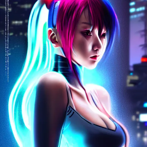 Prompt: A hyperrealistic portrait anime painting of a cyber warrrior girl wearing futuristic wardrobe, black and reddis, ultradetailed face expression trending on artstation and artbreeder, cyberpunk 2077 color heavy rainning at tokyo night, neon light rooftop, unreal 5, DAZ, 8k, unreal 5 engine render, cosplay, RPG portrait, final fantasy Vll world concept, dramatic lighting, rim lights, PS5 render quality