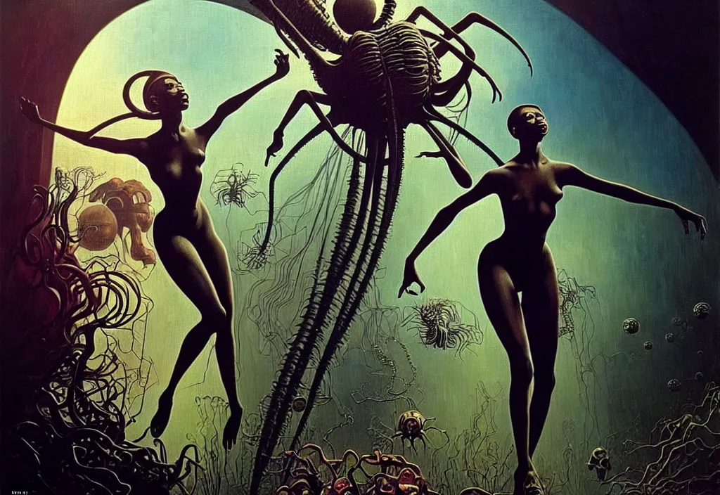 Image similar to realistic detailed portrait movie shot of a beautiful black woman dancing with a giant spider, futuristic sci fi landscape background by denis villeneuve, jean deville, yves tanguy, ernst haeckel, alphonse mucha, max ernst, caravaggio, roger dean, sci fi necklace, fashion, masterpiece, rich moody colours