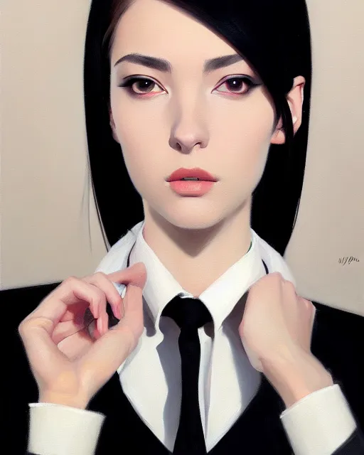 Image similar to a ultradetailed beautiful portrait panting of a stylish woman wearing a black loose fit suit with a tie, oil painting, by ilya kuvshinov, greg rutkowski and makoto shinkai, trending on artstation